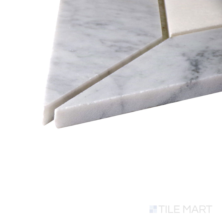 Side perspective of Lavaliere Carrara White/Thassos White Radiant Honed Mosaic, capturing its delicate geometric pattern with a soft honed finish for a luminous effect.
