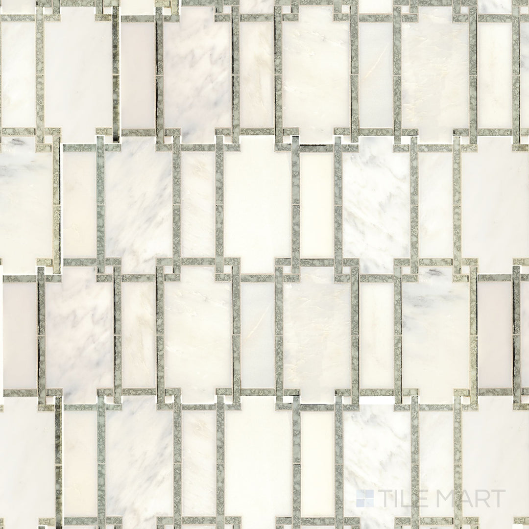 Direct top-down view of Lavaliere First Snow Elegance/Ant Mirror Architectural Reflections Polished Marble Mosaic, highlighting its sophisticated blend of marble and antique mirror reflections.