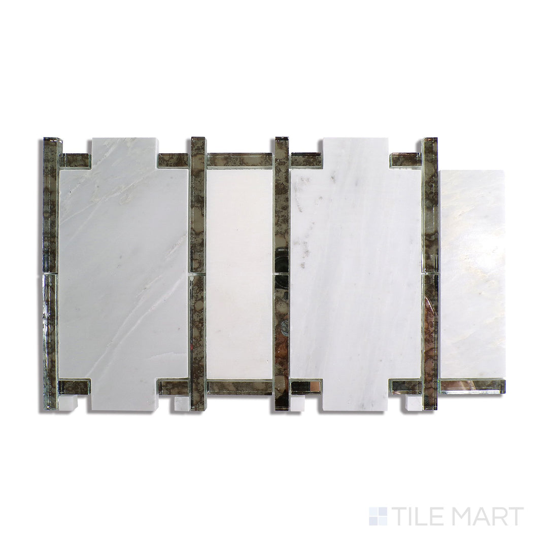 Angled shot of Lavaliere First Snow Elegance and Antique Mirror Architectural Reflections polished marble mosaic, featuring a luxurious white marble base, sophisticated mirror detailing, and a polished surface.  