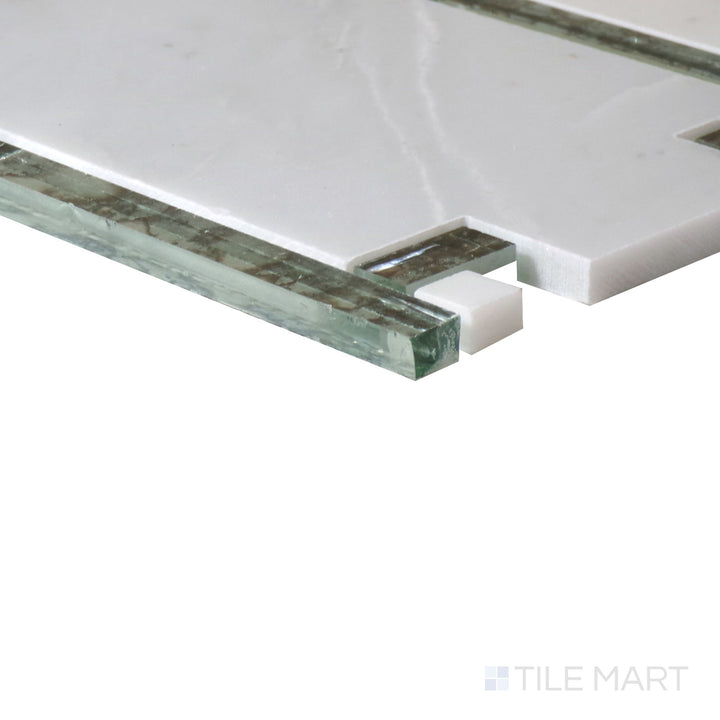 Angled close-up of Lavaliere First Snow Elegance/Ant Mirror Architectural Reflections Polished Marble Mosaic, showcasing its intricate architectural-inspired pattern with reflective mirror details.