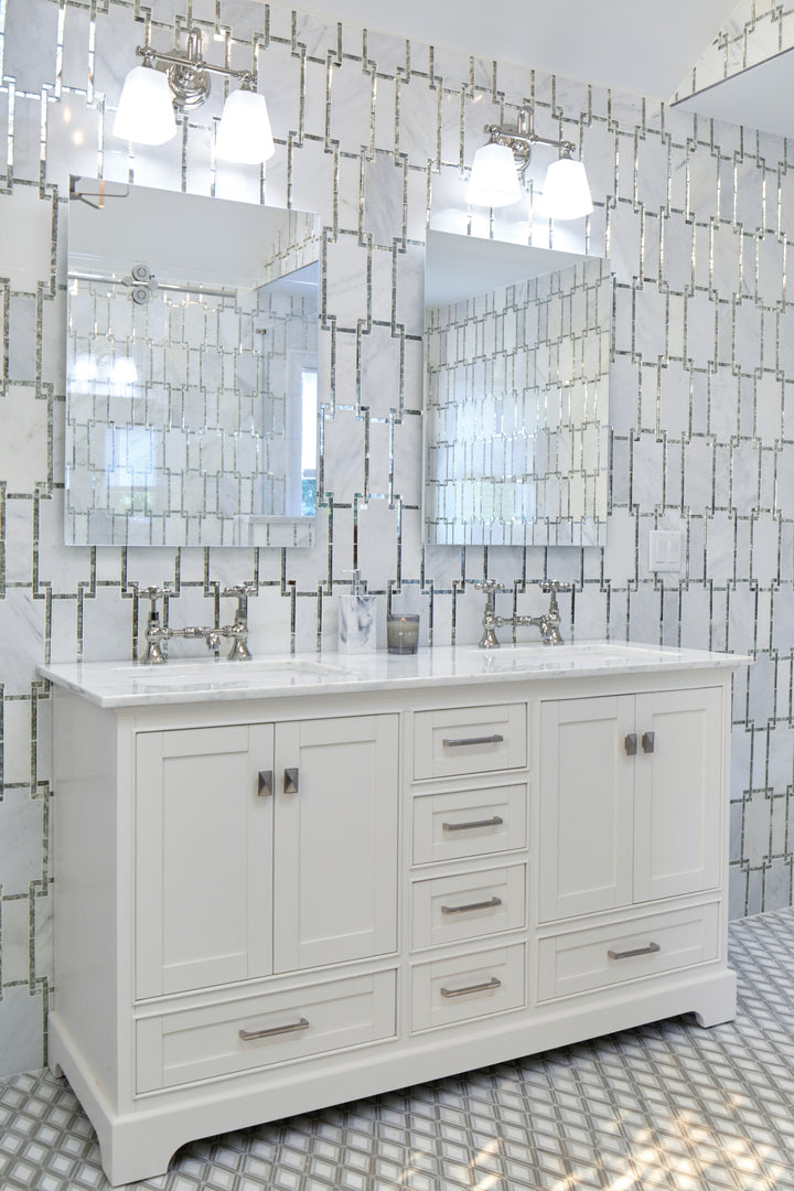 Lavaliere First Snow Elegance/Ant Mirror Architectural Reflections polished mosaic tile featured in a refined space, combining crisp white marble with striking mirrored elements.