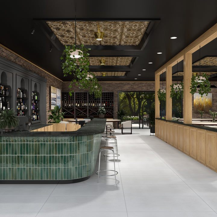 Remedy Herbal 2x10 glossy glazed porcelain tile merges earthy character with a crisp reflective surface for a look that’s both natural and polished.