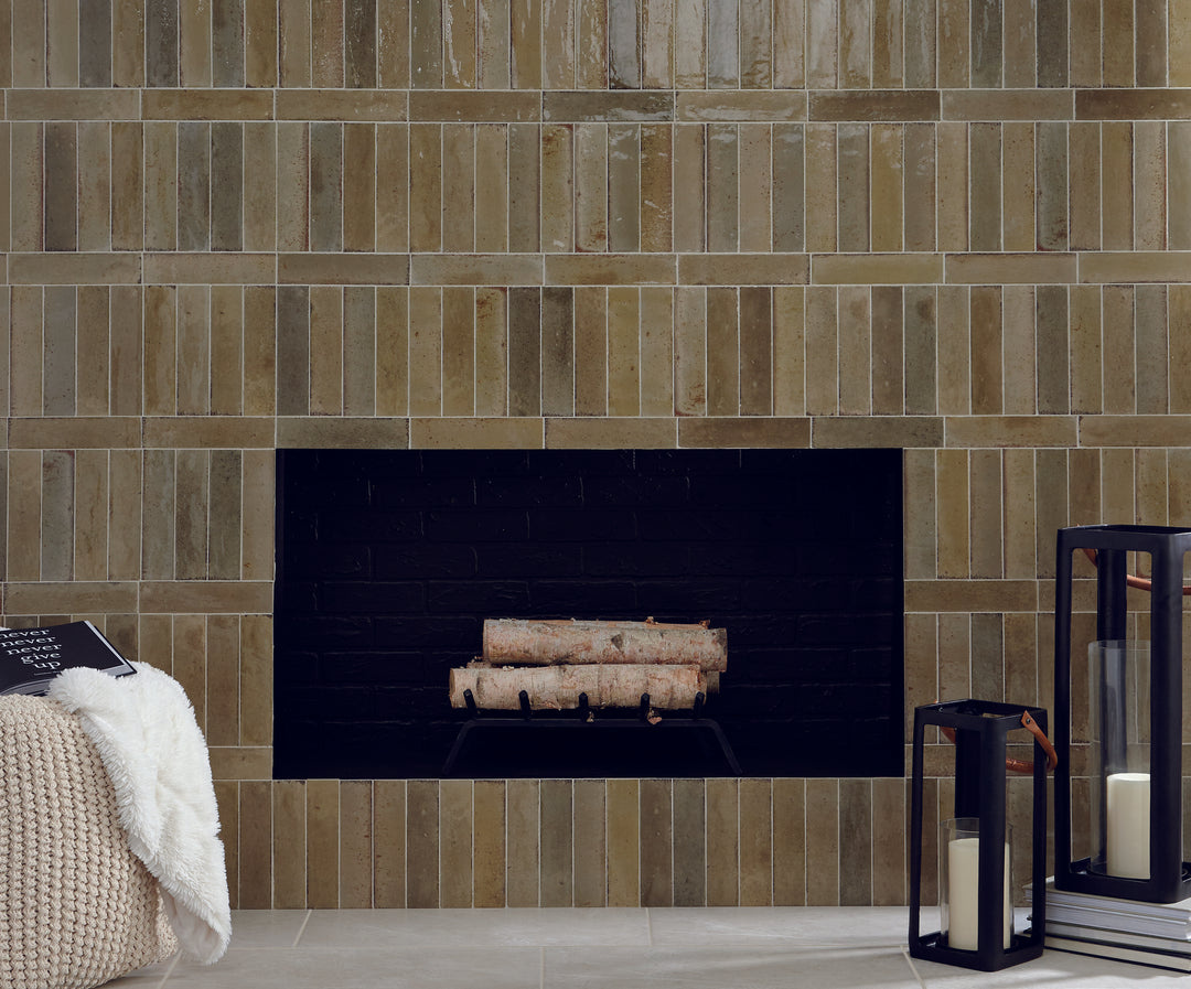 Displayed in a real-world installation, the Remedy Antidote 2x10 glossy glazed porcelain tile adds visual interest through its slim proportions and sheen