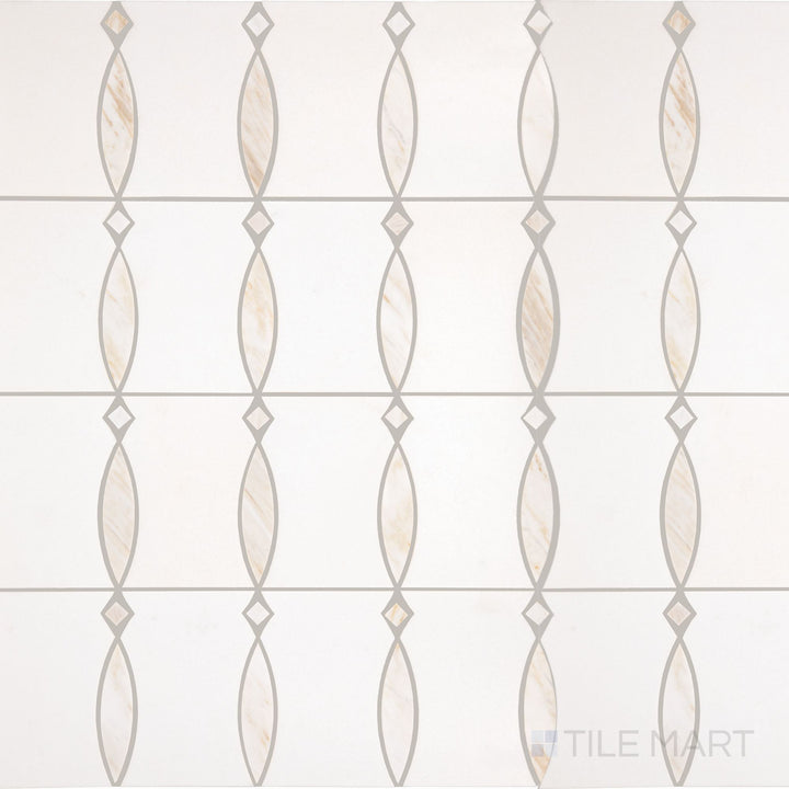 A top-down view of the Perfit Mosaix Namaste & Thassos Bannister polished mosaic tile highlights its elegant white marble composition with polished details, offering a luxurious and refined aesthetic.
