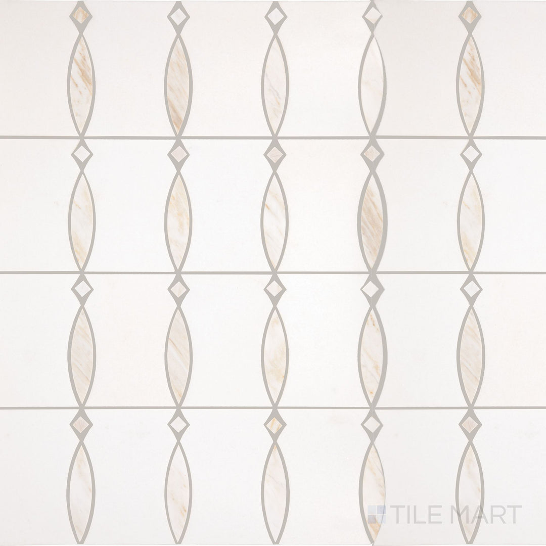 A top-down view of the Perfit Mosaix Namaste & Thassos Bannister polished mosaic tile highlights its elegant white marble composition with polished details, offering a luxurious and refined aesthetic.