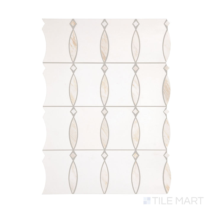 A top-down view of Perfit Mosaix Namaste & Thassos Bannister polished mosaic, showcasing its refined marble pattern and polished surface.