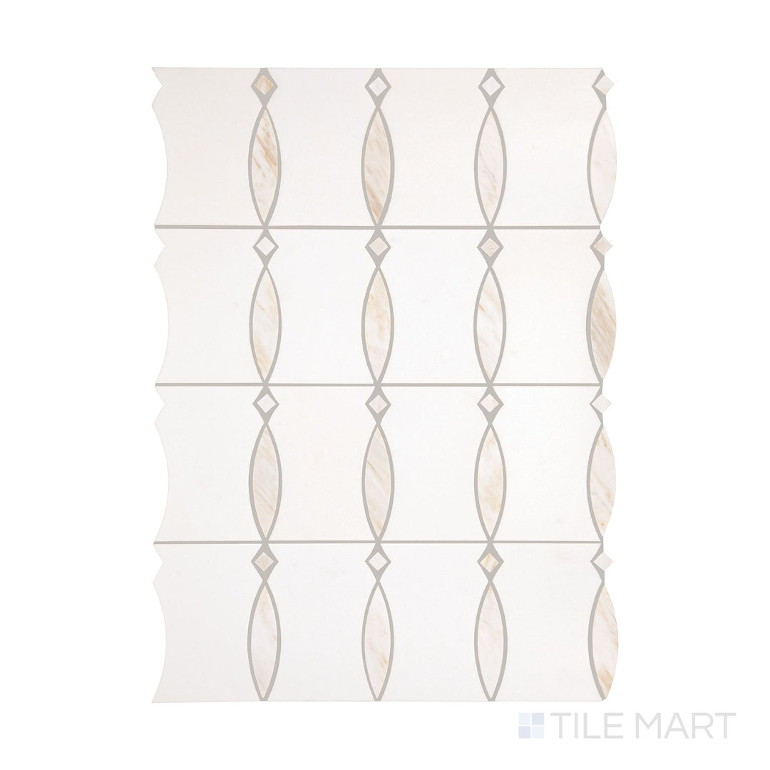 A top-down view of Perfit Mosaix Namaste & Thassos Bannister polished mosaic, showcasing its refined marble pattern and polished surface.