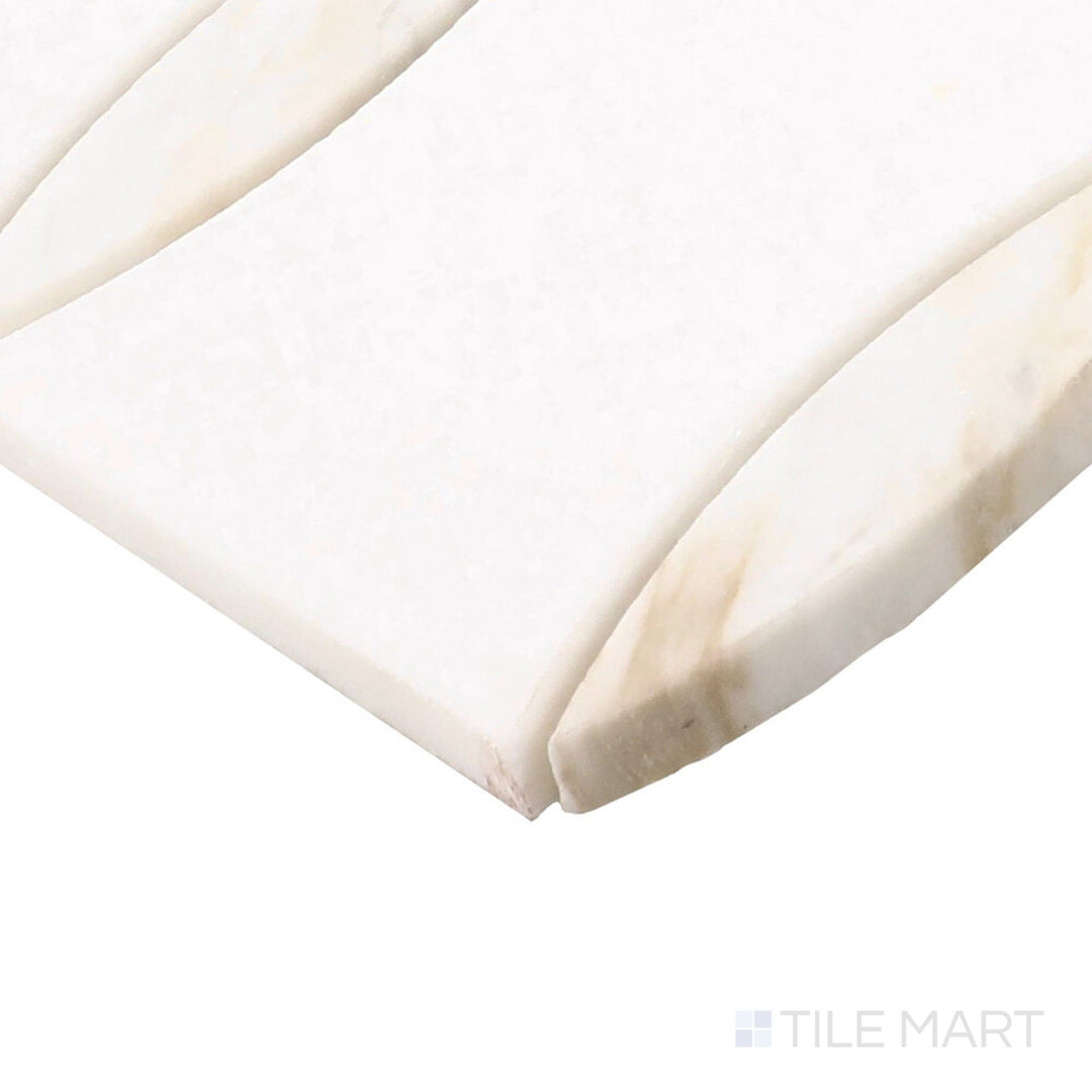 Angled close-up of Perfit Mosaix Namaste & Thassos Bannister Polished Mosaic, showcasing its elegant white Thassos marble with a polished mosaic pattern.