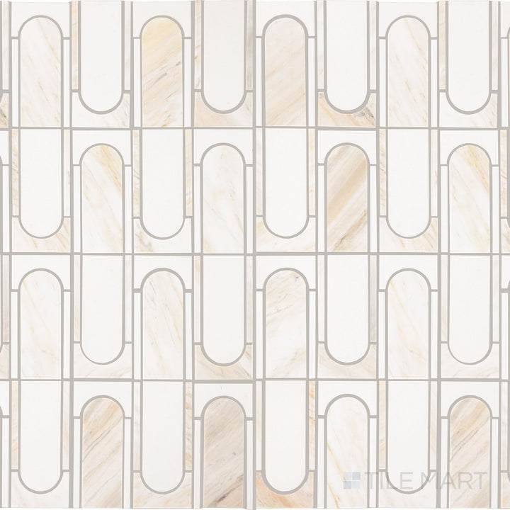 Captured from above, the Perfit Mosaix Namaste & Thassos Capsule polished mosaic tile showcases a sleek arrangement of white Thassos marble with a polished finish, creating a sophisticated, modern appeal.