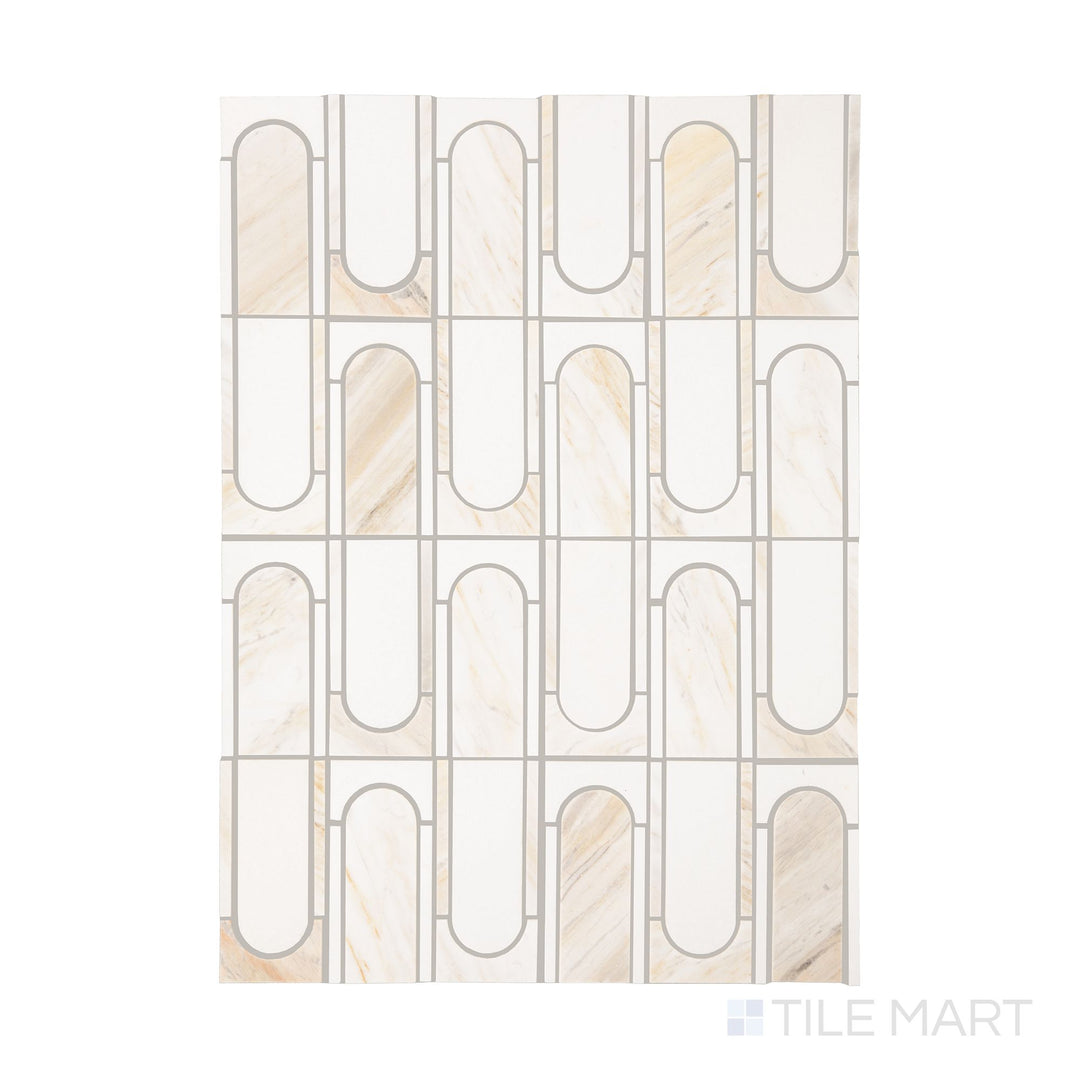 An overview of Perfit Mosaix Namaste & Thassos Capsule polished mosaic, highlighting its geometric design and elegant marble finish.