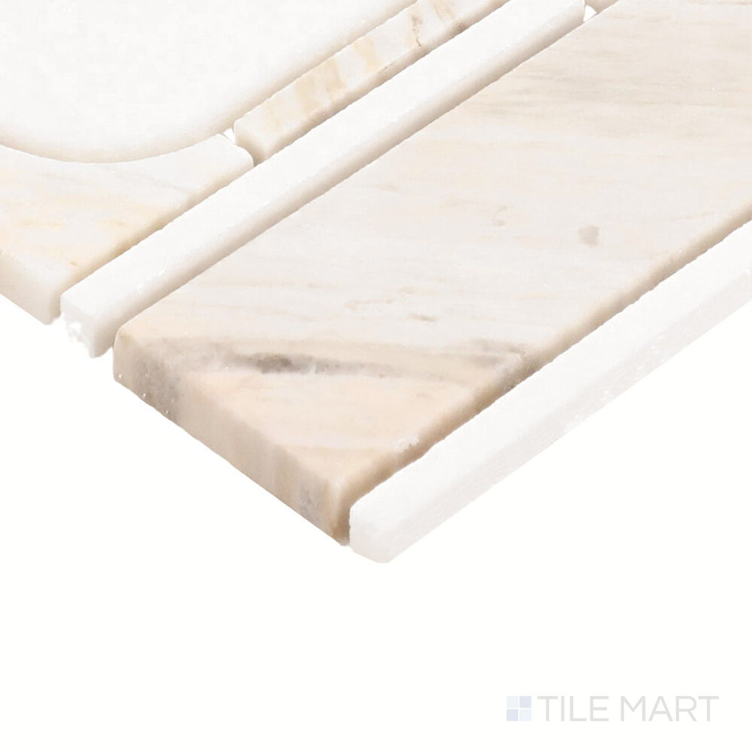 Corner-focused shot of Perfit Mosaix Namaste & Thassos Capsule Polished Mosaic, highlighting its structured capsule design with a high-polish finish.