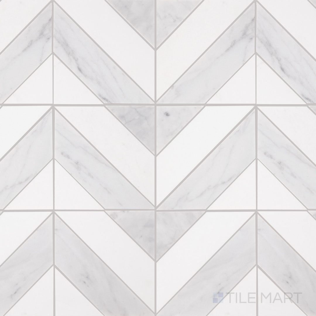 The overhead perspective highlights the Perfit Mosaix Saran White & Thassos Dash honed mosaic tile, featuring a striking contrast between Saran White and Thassos marble, with a smooth honed surface for a contemporary touch.