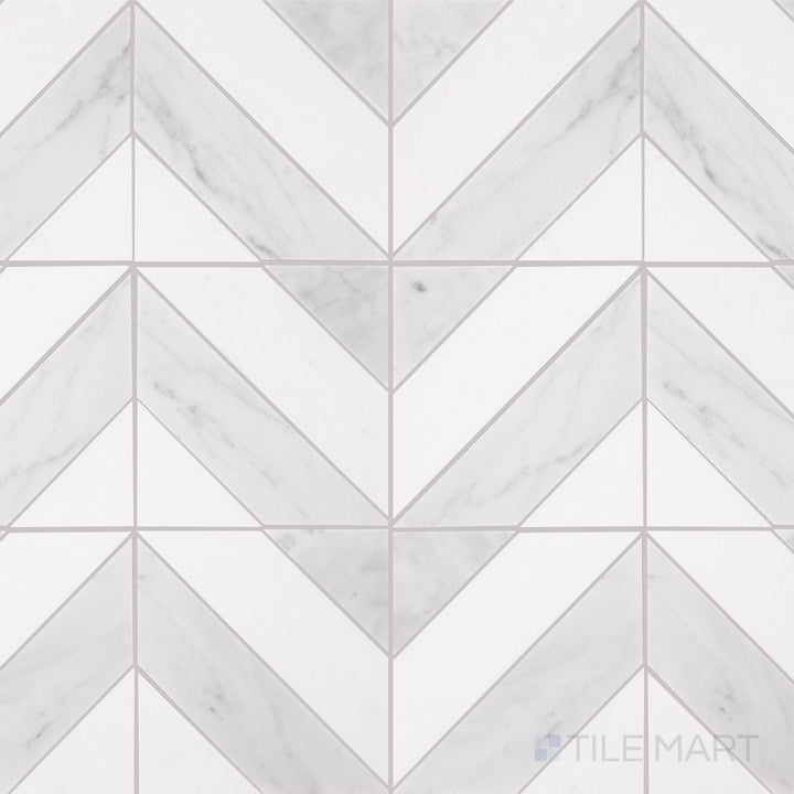The overhead perspective highlights the Perfit Mosaix Saran White & Thassos Dash honed mosaic tile, featuring a striking contrast between Saran White and Thassos marble, with a smooth honed surface for a contemporary touch.