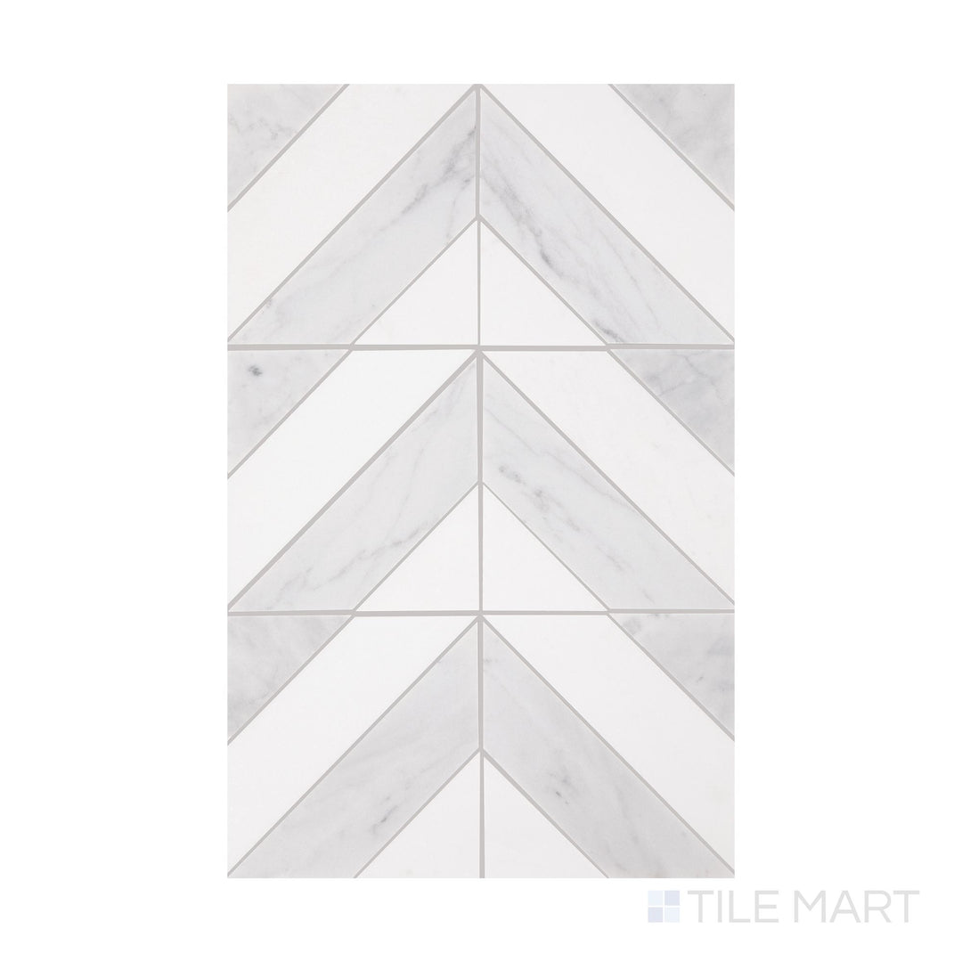 A flat-lay view of Perfit Mosaix Saran White & Thassos Dash honed mosaic, displaying its soft texture and harmonious marble blend.