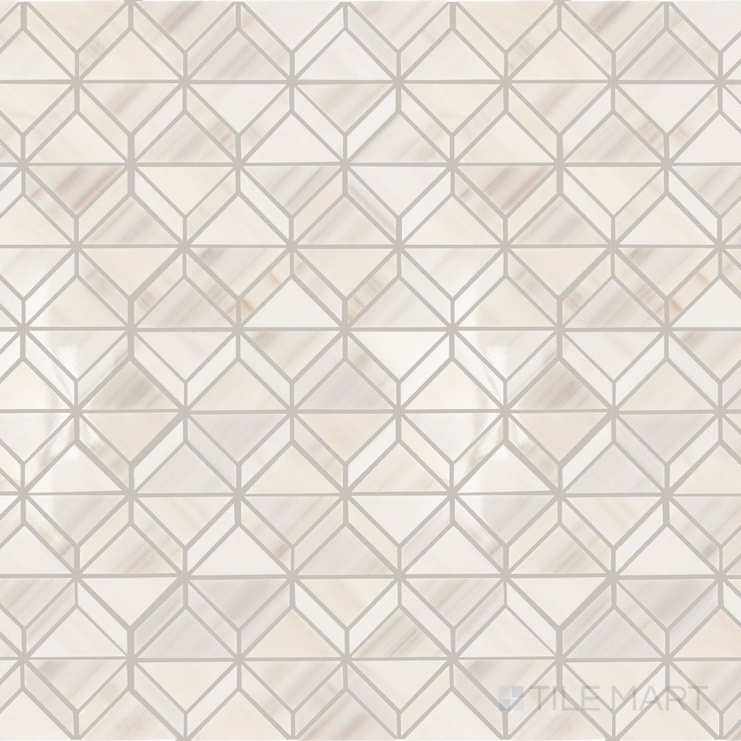 Viewed from the top, the Perfit Mosaix Patagonia White Fantasy polished marble mosaic tile presents a stunning blend of white marble with natural veining, enhanced by its high-polish finish for a timeless, elegant look.