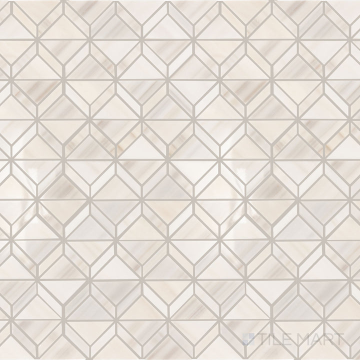 Viewed from the top, the Perfit Mosaix Patagonia White Fantasy polished marble mosaic tile presents a stunning blend of white marble with natural veining, enhanced by its high-polish finish for a timeless, elegant look.