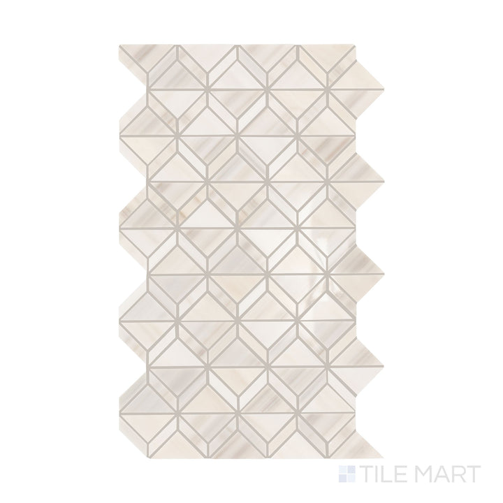 An overview of Perfit Mosaix Patagonia White Fantasy polished marble mosaic, emphasizing its intricate veining and luxurious polished finish.