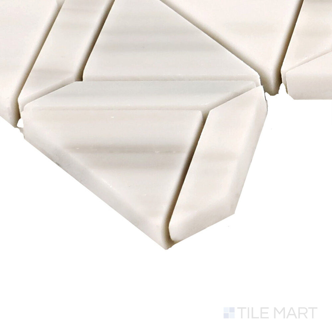 Corner angle of Perfit Mosaix Patagonia White Fantasy Polished Marble Mosaic, emphasizing its luxurious white marble with dreamy veining and a glossy sheen.