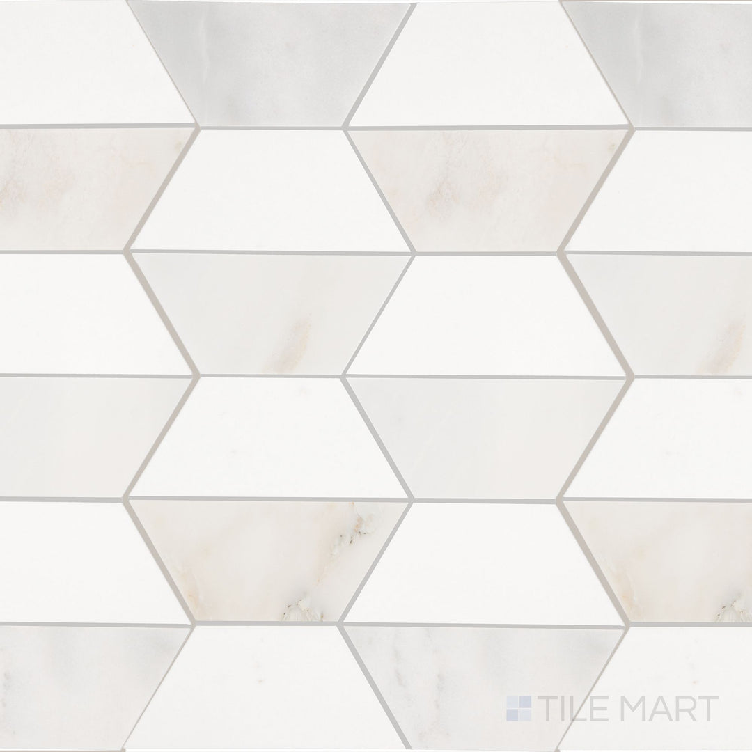 A top-down view of the Perfit Mosaix Paradise & Thassos Half Hex polished mosaic tile reveals a unique half-hex pattern in polished white marble, creating a sophisticated geometric aesthetic.