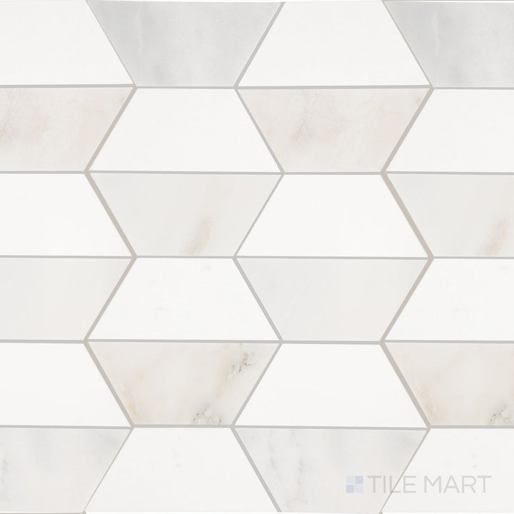 A top-down view of the Perfit Mosaix Paradise & Thassos Half Hex polished mosaic tile reveals a unique half-hex pattern in polished white marble, creating a sophisticated geometric aesthetic.