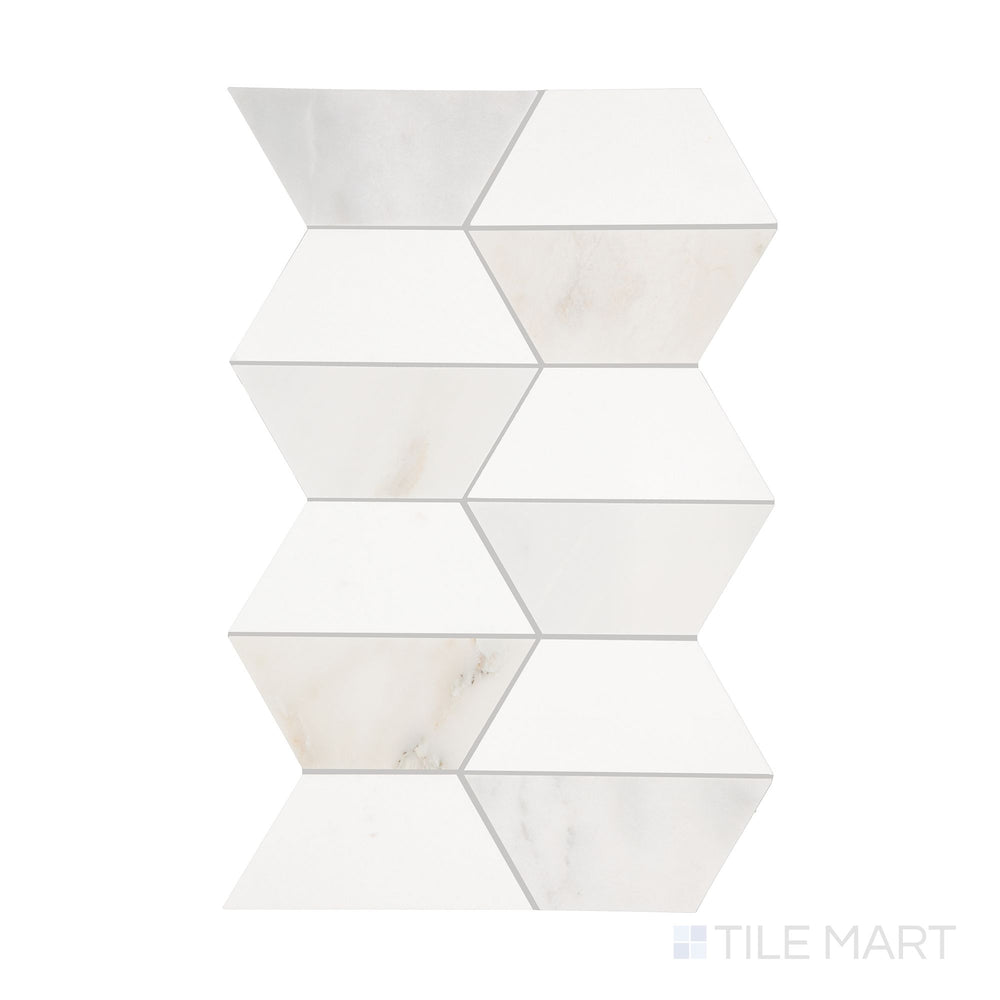 A detailed top-down view of Perfit Mosaix Paradise & Thassos Half Hex polished mosaic, featuring its structured hexagonal layout and marble contrast.