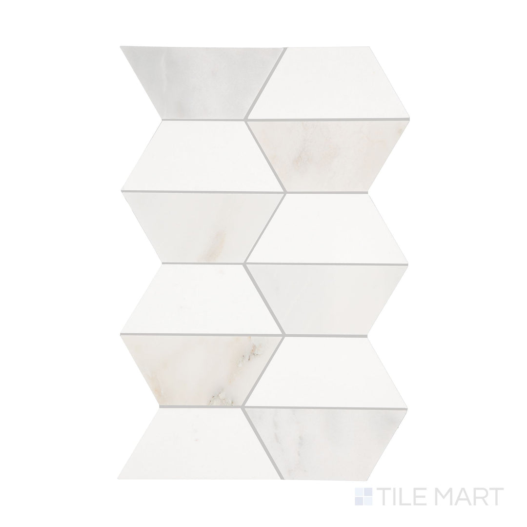 A detailed top-down view of Perfit Mosaix Paradise & Thassos Half Hex polished mosaic, featuring its structured hexagonal layout and marble contrast.