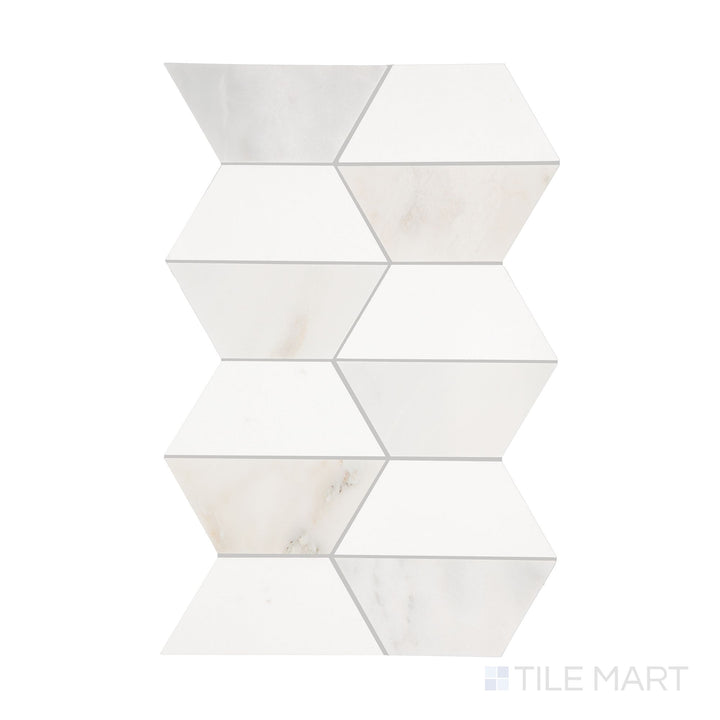 A detailed top-down view of Perfit Mosaix Paradise & Thassos Half Hex polished mosaic, featuring its structured hexagonal layout and marble contrast.