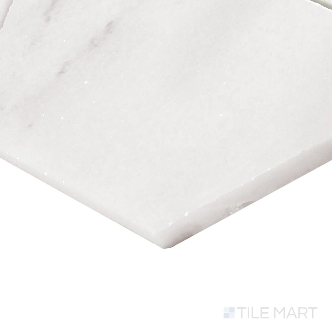 Side perspective of Perfit Mosaix Paradise & Thassos Half Hex Polished Mosaic, capturing its modern hexagonal layout with polished white marble.