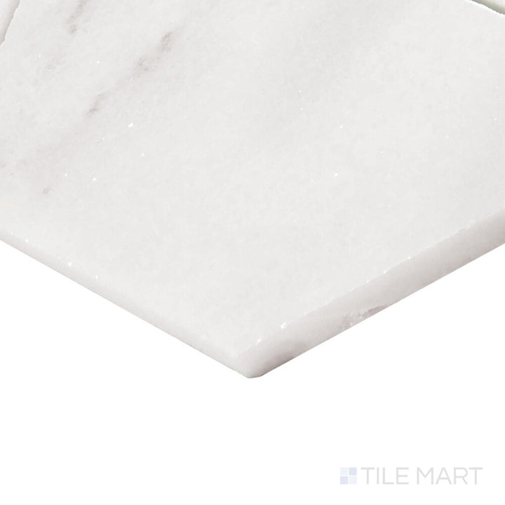 Side perspective of Perfit Mosaix Paradise & Thassos Half Hex Polished Mosaic, capturing its modern hexagonal layout with polished white marble.