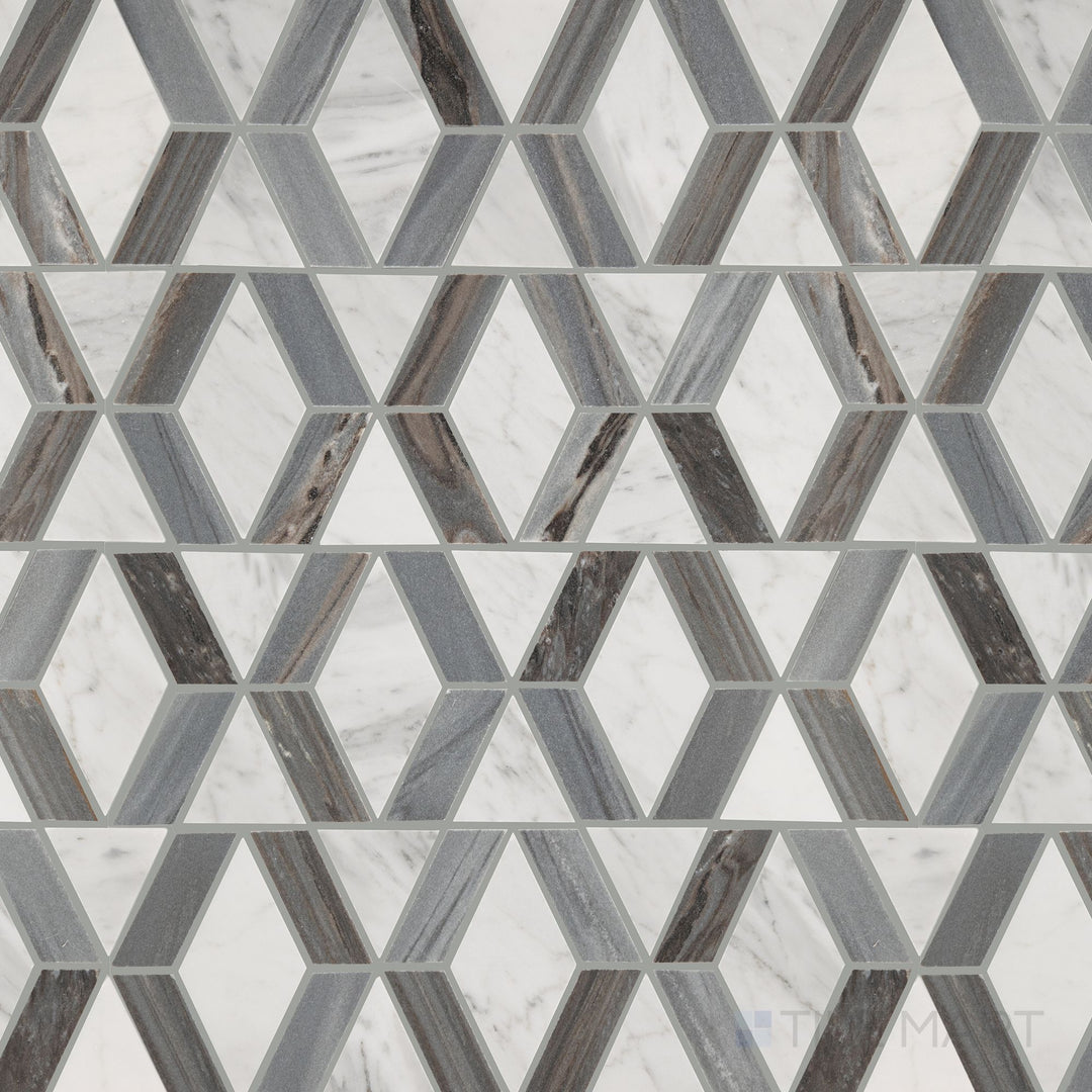 Captured from above, the Perfit Mosaix Ashen Palissandro & Carrara White Hinge polished mosaic tile showcases a harmonious blend of gray-toned Palissandro marble and classic Carrara white, finished with a sleek polish for added refinement.