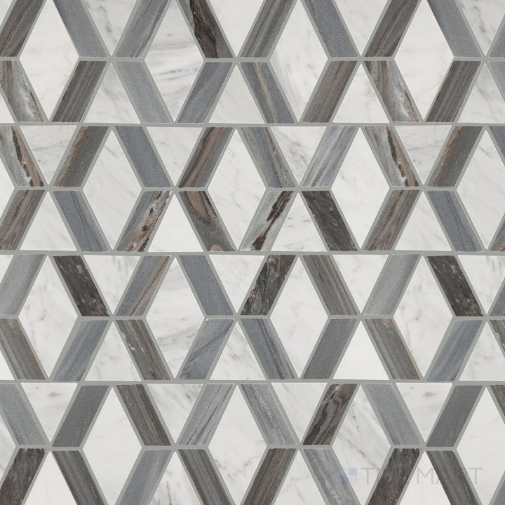 Captured from above, the Perfit Mosaix Ashen Palissandro & Carrara White Hinge polished mosaic tile showcases a harmonious blend of gray-toned Palissandro marble and classic Carrara white, finished with a sleek polish for added refinement.
