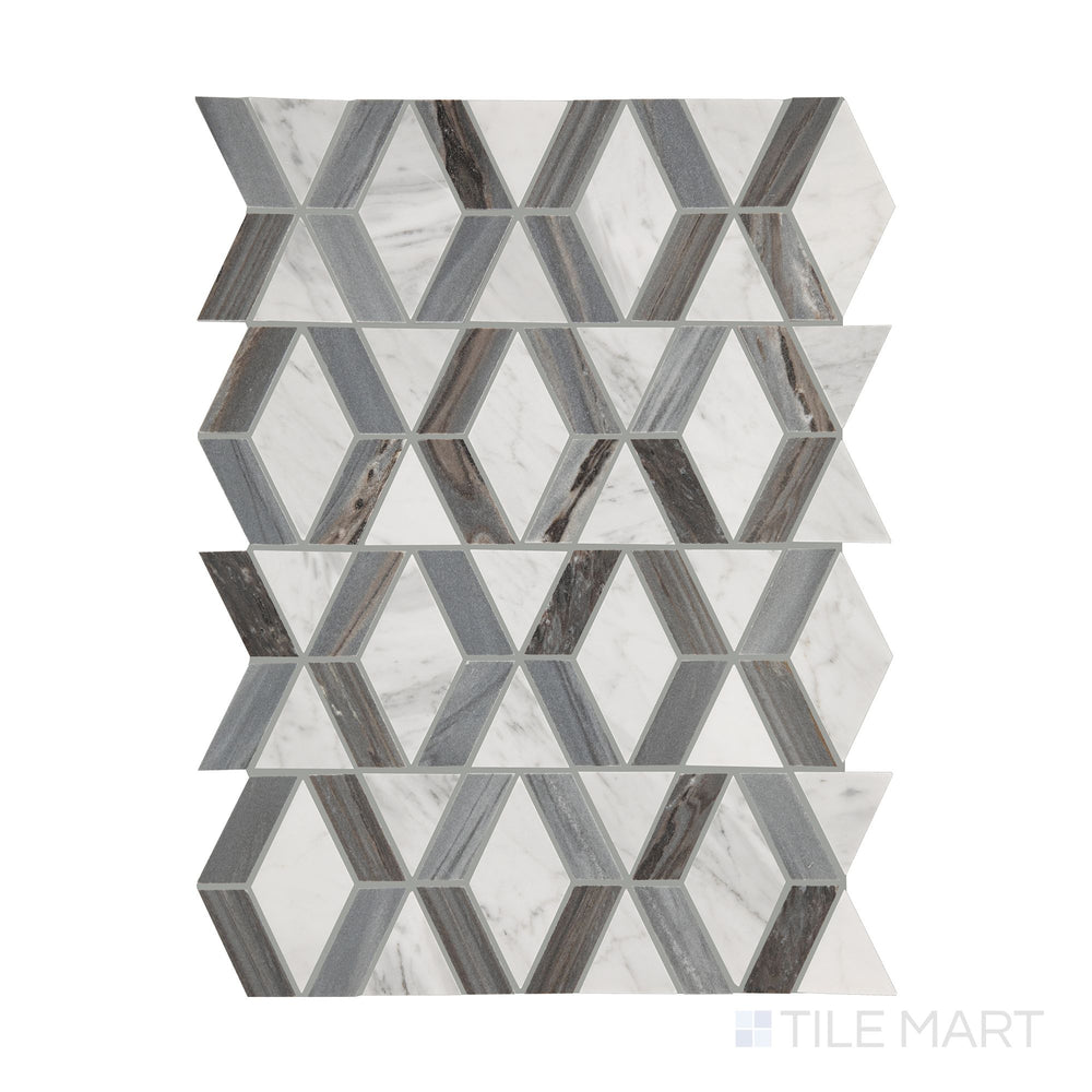 A full overview of Perfit Mosaix Ashen Palissandro & Carrara White Hinge polished mosaic, highlighting its refined color variations and polished surface.