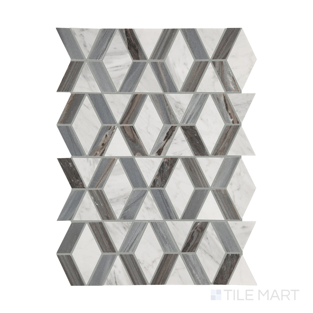 A full overview of Perfit Mosaix Ashen Palissandro & Carrara White Hinge polished mosaic, highlighting its refined color variations and polished surface.