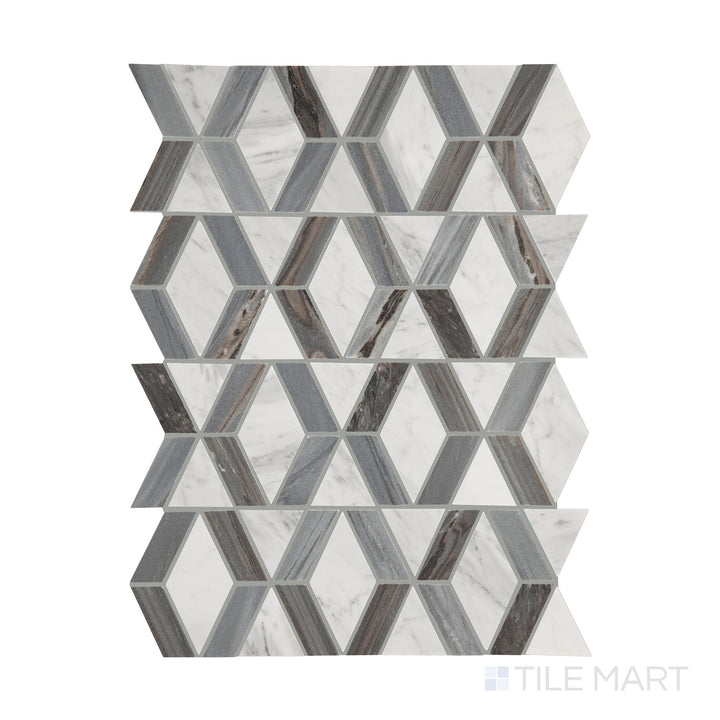 A full overview of Perfit Mosaix Ashen Palissandro & Carrara White Hinge polished mosaic, highlighting its refined color variations and polished surface.