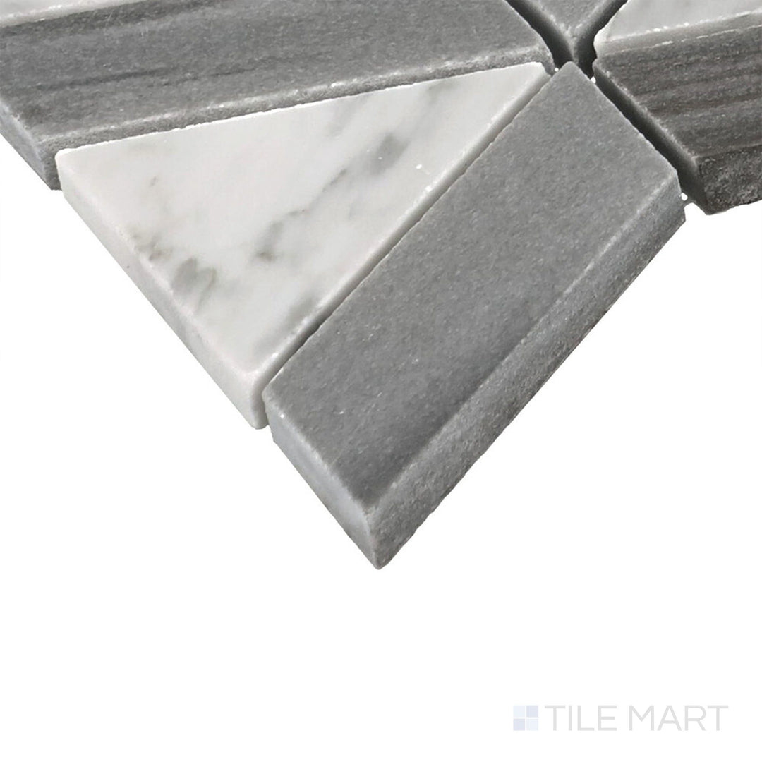Angled close-up of Perfit Mosaix Ashen Palissandro & Carrara White Hinge Polished Mosaic, showcasing its refined mix of Carrara and Palissandro marble in an intricate hinge pattern.