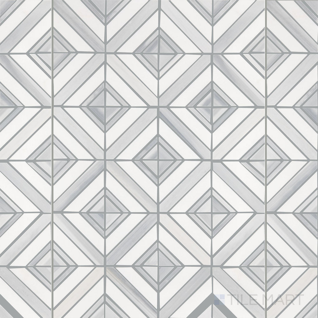 The overhead perspective showcases the Perfit Mosaix Grey Palissandro & Thassos Maze polished mosaic tile, featuring an intricate maze pattern combining gray Palissandro and Thassos white marble, offering a bold yet elegant visual effect.