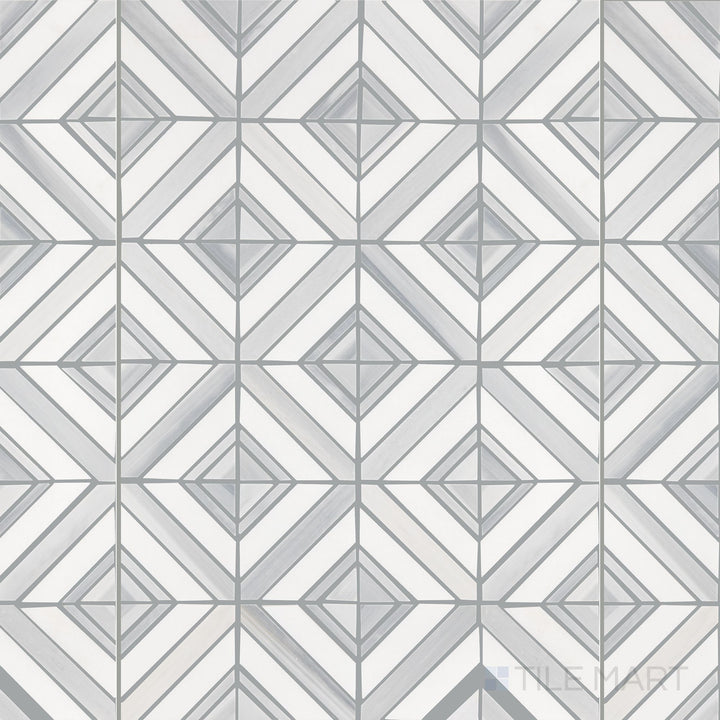The overhead perspective showcases the Perfit Mosaix Grey Palissandro & Thassos Maze polished mosaic tile, featuring an intricate maze pattern combining gray Palissandro and Thassos white marble, offering a bold yet elegant visual effect.