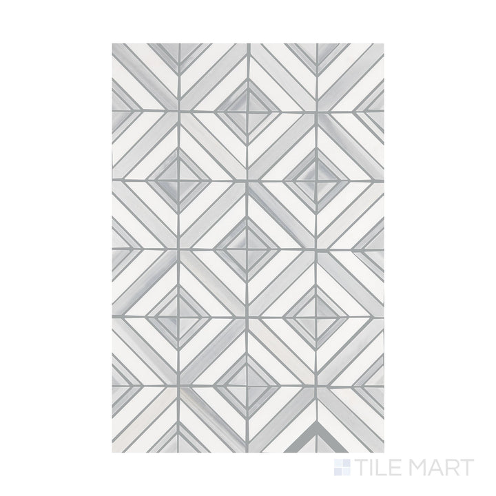 A top-down shot of Perfit Mosaix Grey Palissandro & Thassos Maze polished mosaic, showcasing its intricate maze pattern and elegant marble blend.