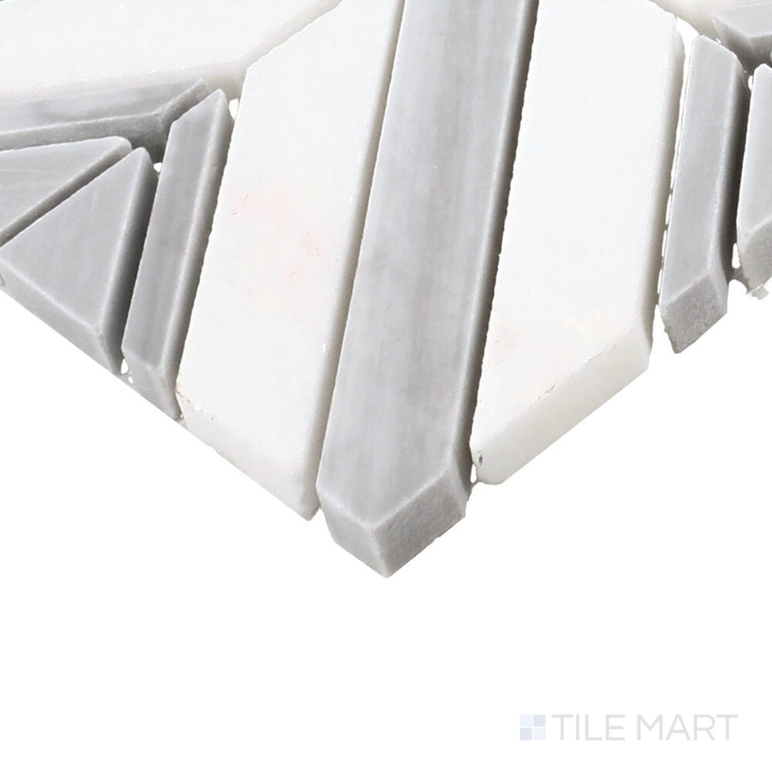 Corner-focused shot of Perfit Mosaix Grey Palissandro & Thassos Maze Polished Mosaic, highlighting its intricate maze-like pattern with rich Palissandro and crisp white Thassos marble.