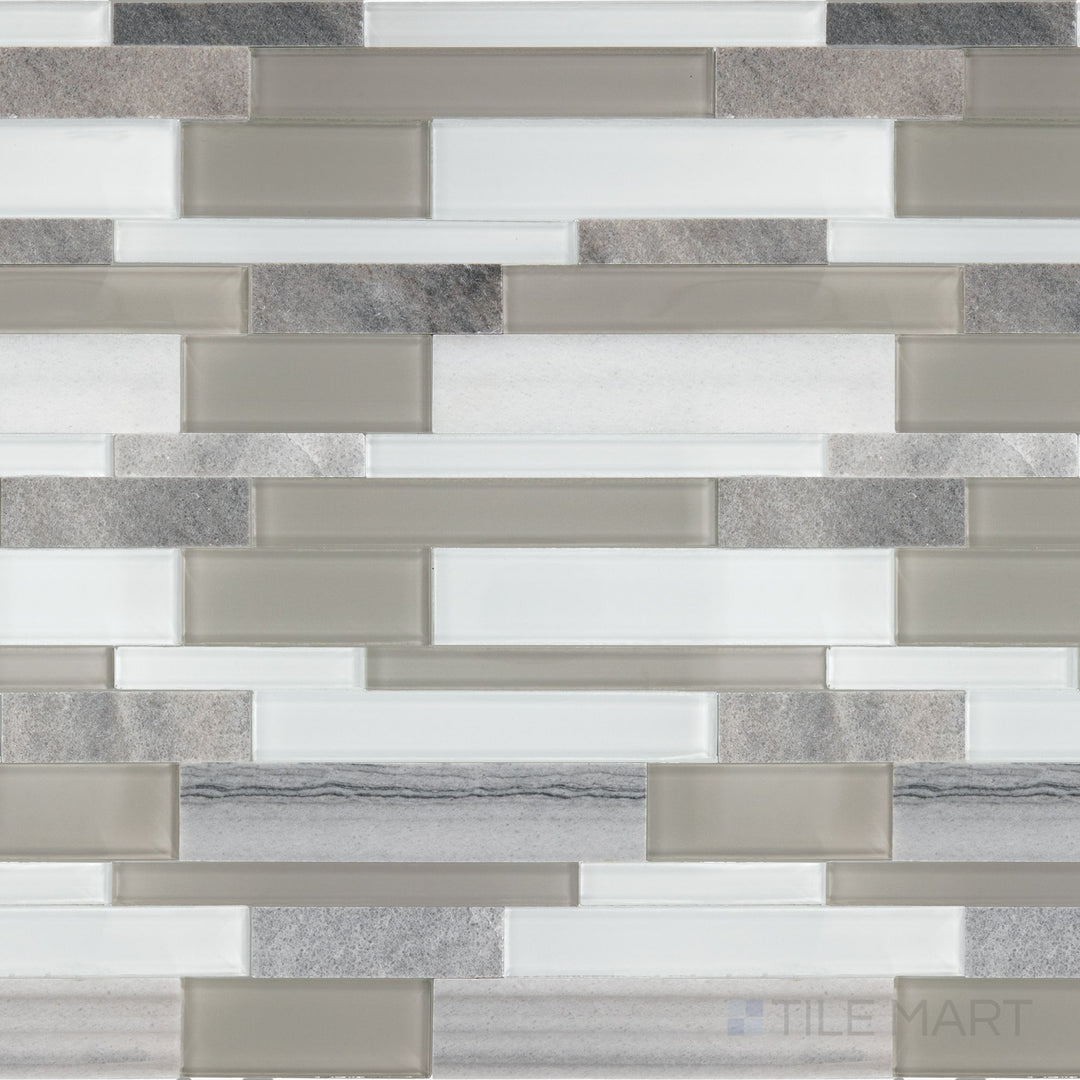 Viewed from the top, the Perfit Mosaix Marmara & Glass Random Linear polished marble mosaic tile presents a dynamic arrangement of Marmara marble and glass elements, polished to perfection for a modern, luminous appeal.