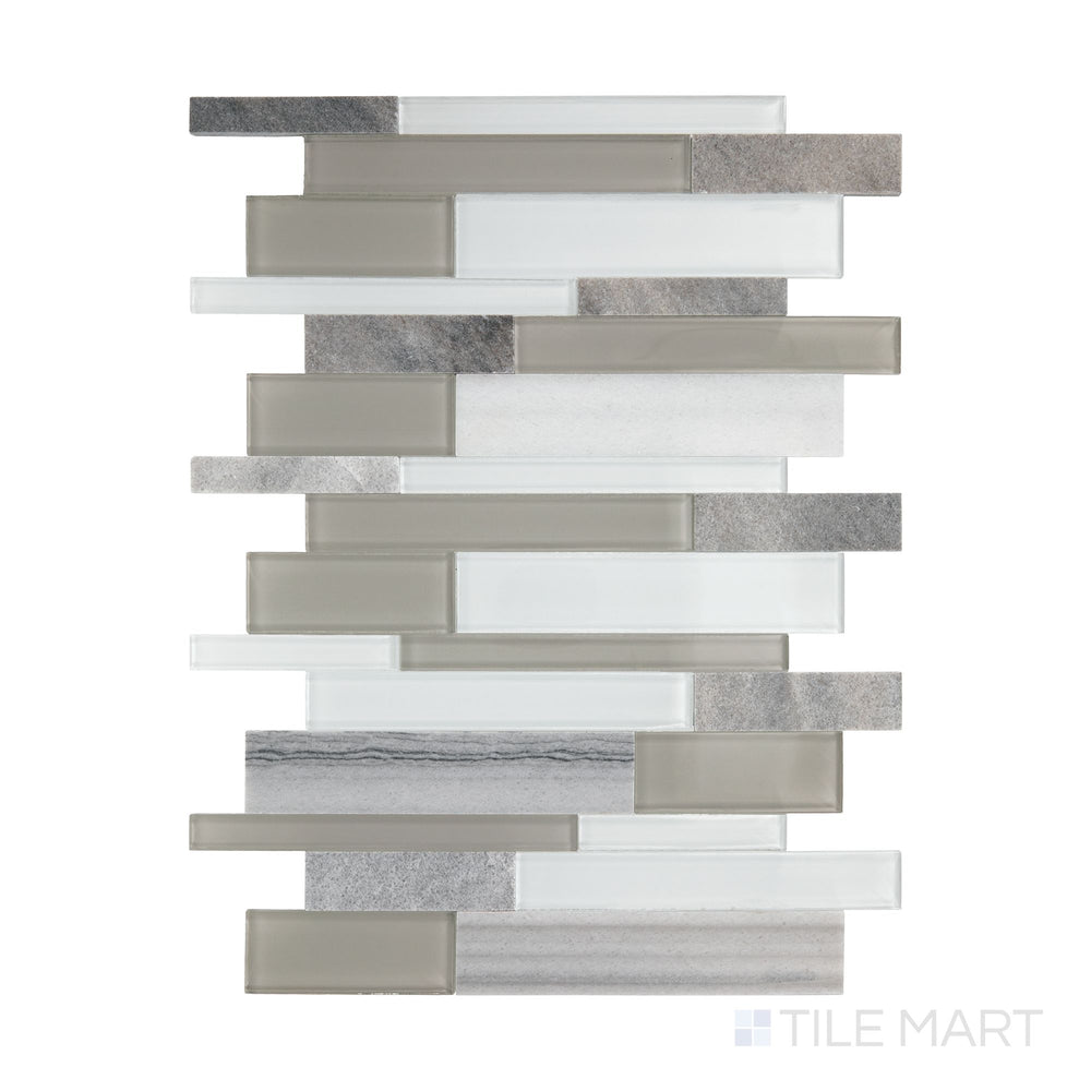 An overview of Perfit Mosaix Marmara & Glass Random Linear polished marble mosaic, capturing its sleek linear arrangement and high-gloss finish.