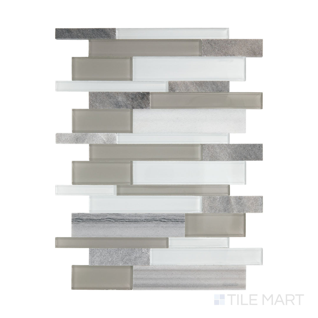 An overview of Perfit Mosaix Marmara & Glass Random Linear polished marble mosaic, capturing its sleek linear arrangement and high-gloss finish.