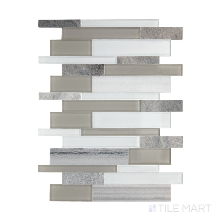 An overview of Perfit Mosaix Marmara & Glass Random Linear polished marble mosaic, capturing its sleek linear arrangement and high-gloss finish.