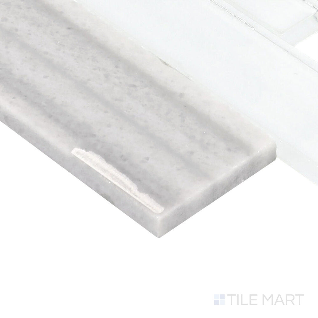 Close-up corner shot of Perfit Mosaix Marmara & Glass Random Linear Polished Marble Mosaic, featuring a mix of Marmara marble and shimmering glass accents.