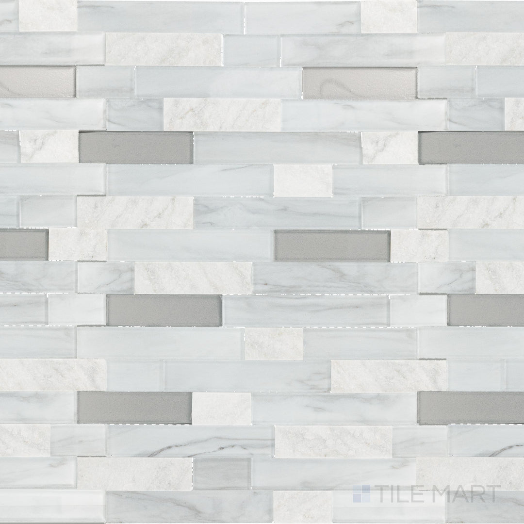 A top-down view of the Perfit Mosaix White Carrara & Glass Random Linear Split Face Carrara mosaic tile highlights its elegant blend of classic White Carrara marble and textured split-face details, offering depth and natural beauty.