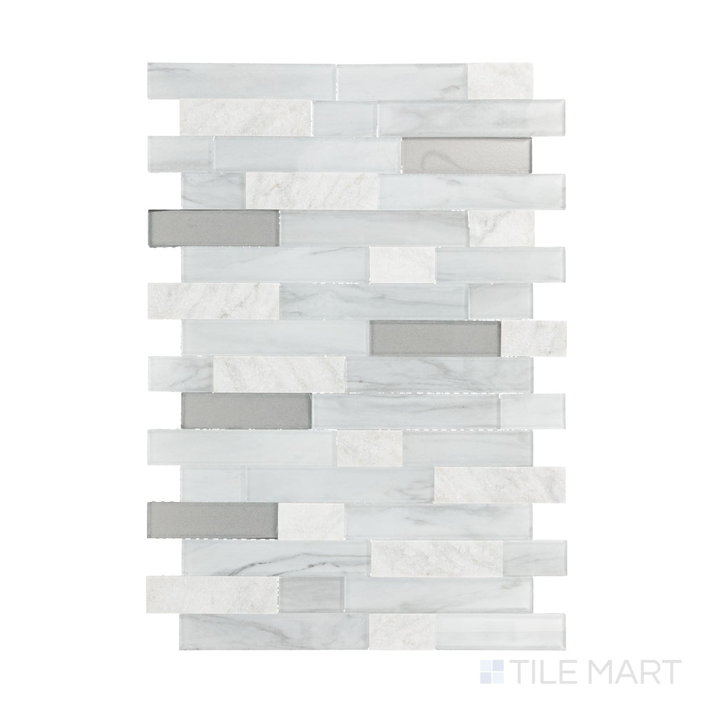A flat-lay view of Perfit Mosaix White Carrara & Glass Random Linear Split Face Carrara mosaic, displaying its blend of textures and natural elegance.