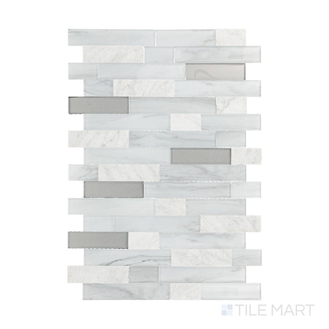 A flat-lay view of Perfit Mosaix White Carrara & Glass Random Linear Split Face Carrara mosaic, displaying its blend of textures and natural elegance.