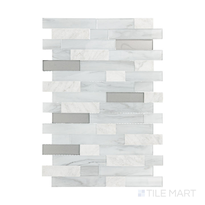 A flat-lay view of Perfit Mosaix White Carrara & Glass Random Linear Split Face Carrara mosaic, displaying its blend of textures and natural elegance.