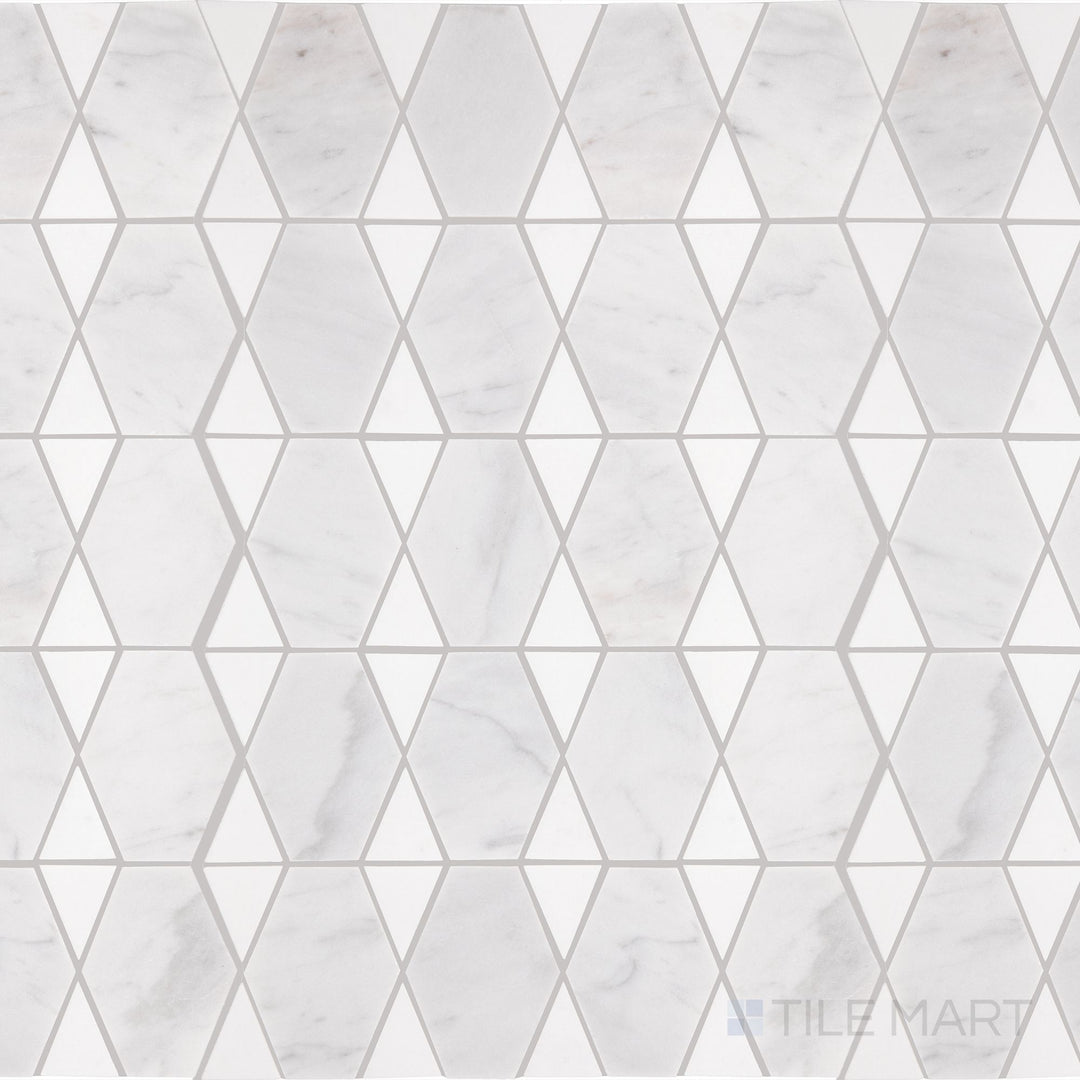 A top-down view of the Perfit Mosaix Saran White & Thassos Reverse polished mosaic tile showcases a refined combination of soft white marble and Thassos accents, polished for a sleek, modern finish.