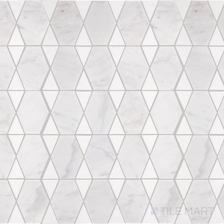 A top-down view of the Perfit Mosaix Saran White & Thassos Reverse polished mosaic tile showcases a refined combination of soft white marble and Thassos accents, polished for a sleek, modern finish.
